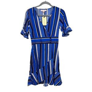 Band of Gypsies Womens Dress Stripe‎ Blue V Neck Faux Wrap Skirt Ruffle Sleeve S